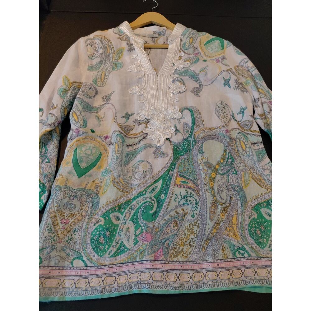 Charter Club Luxury Womens M Tunic Top 100% Linen Paisley Embellished Resort - Picture 7 of 14